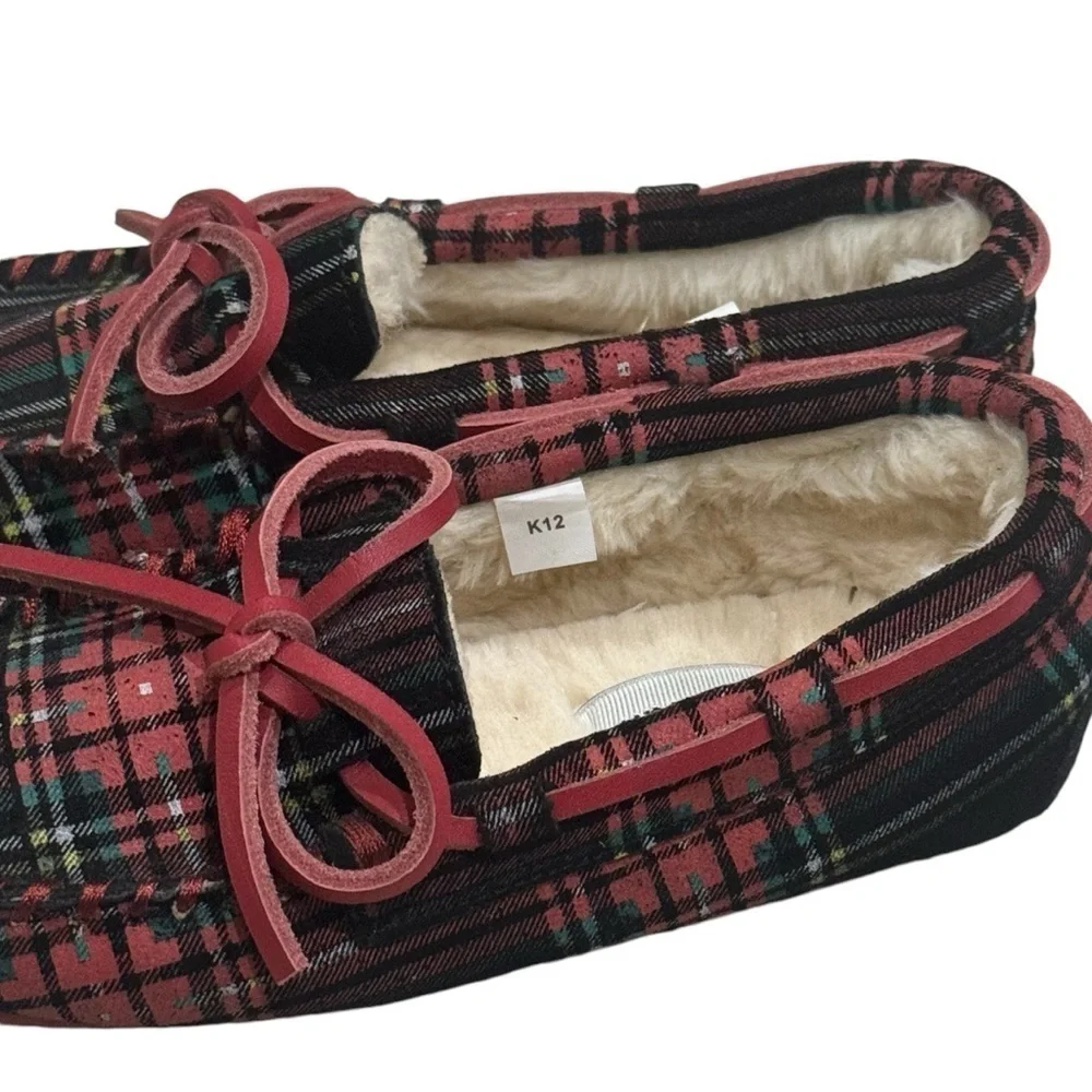 Crewcuts‎ Plaid Holiday Winter Moccasin Leather Upper Faux Fur Kid's Size 12